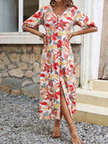 Printed V-Neck Half Sleeve Midi Dress - Trendsi