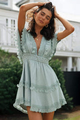 Lace Detail Plunge Short Sleeve Mini Dress - Trendsi - Flyclothing LLC