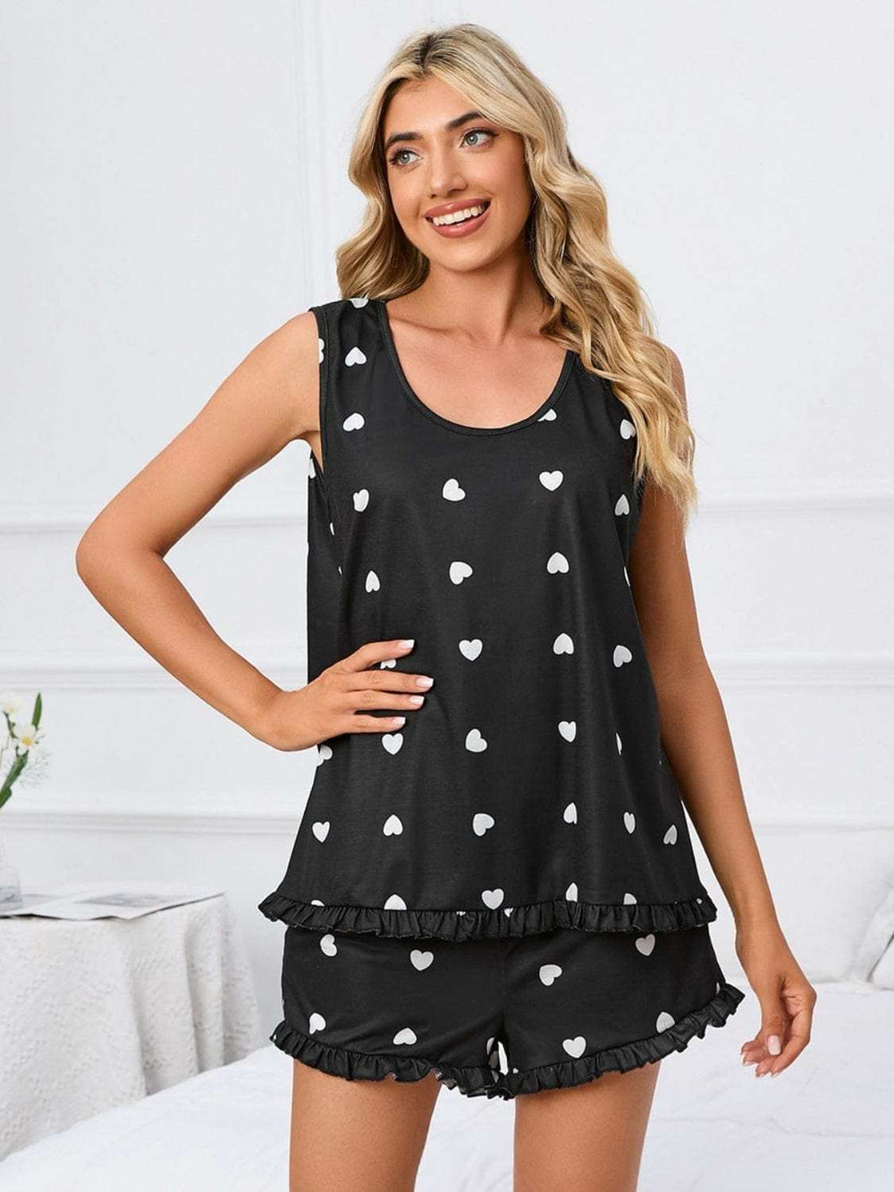 Heart Scoop Neck Tank and Shorts Lounge Set - Trendsi - Flyclothing LLC