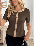 Decor Button Round Neck Short Sleeve Blouse - Trendsi - Flyclothing LLC