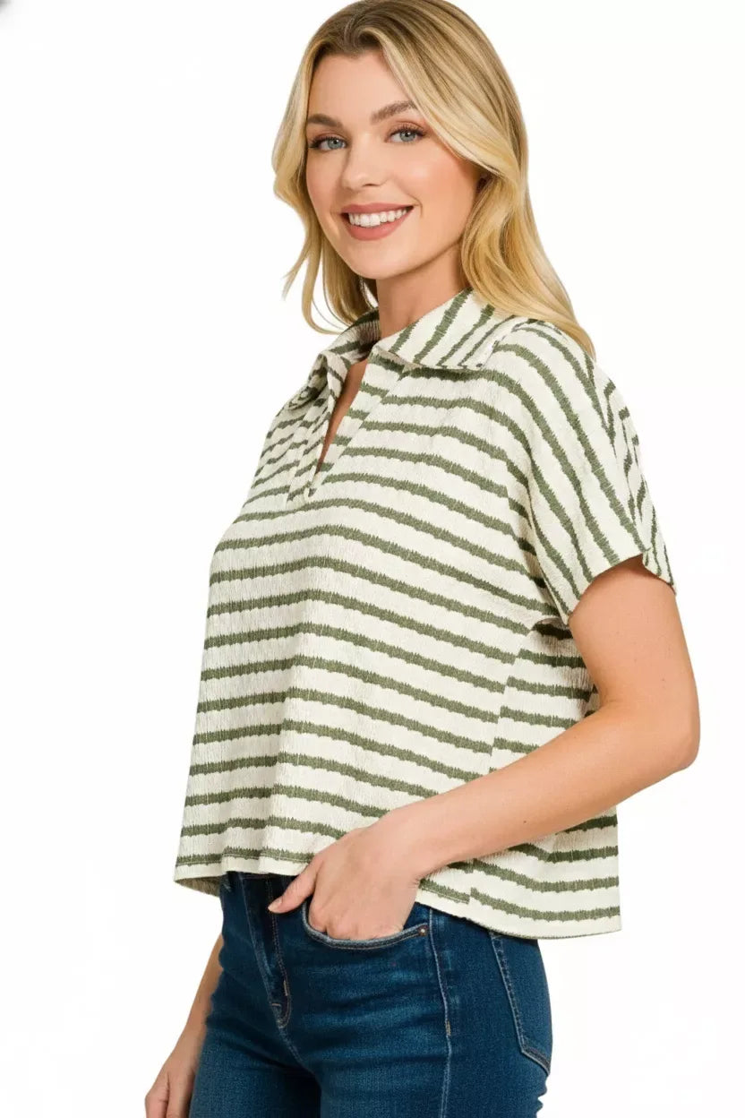 Zenana Striped Split Neck Collared Top - Trendsi - Flyclothing LLC