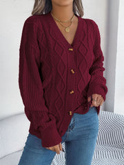 Cable-Knit Long Sleeve Cardigan - Trendsi
