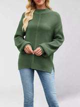 Ribbed Mock Neck Drop Shoulder Sweater - Trendsi - Flyclothing LLC