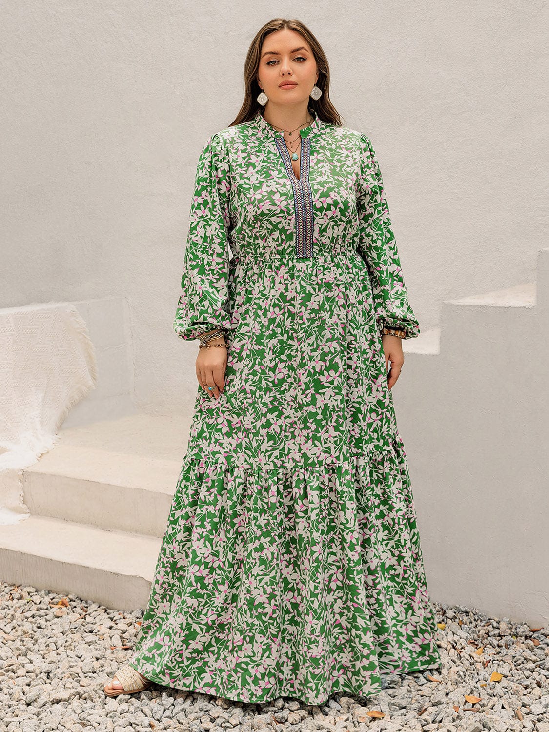 Plus Size Printed Notched Long Sleeve Maxi Dress - Trendsi