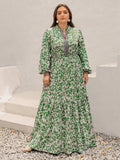 Plus Size Printed Notched Long Sleeve Maxi Dress - Trendsi - Flyclothing LLC