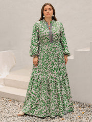 Plus Size Printed Notched Long Sleeve Maxi Dress - Trendsi