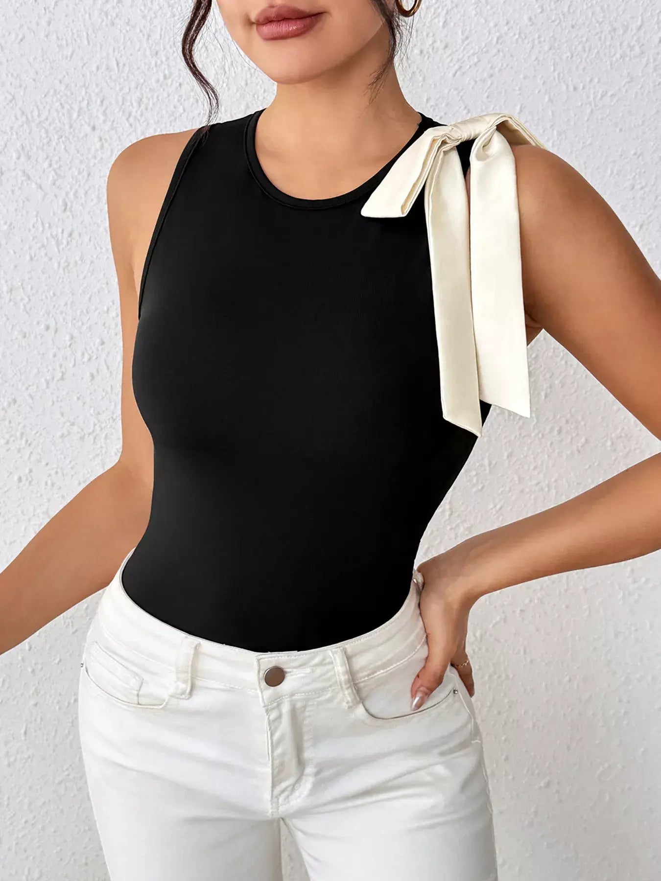 Bow Detail Sleeveless Bodysuit - Trendsi - Flyclothing LLC