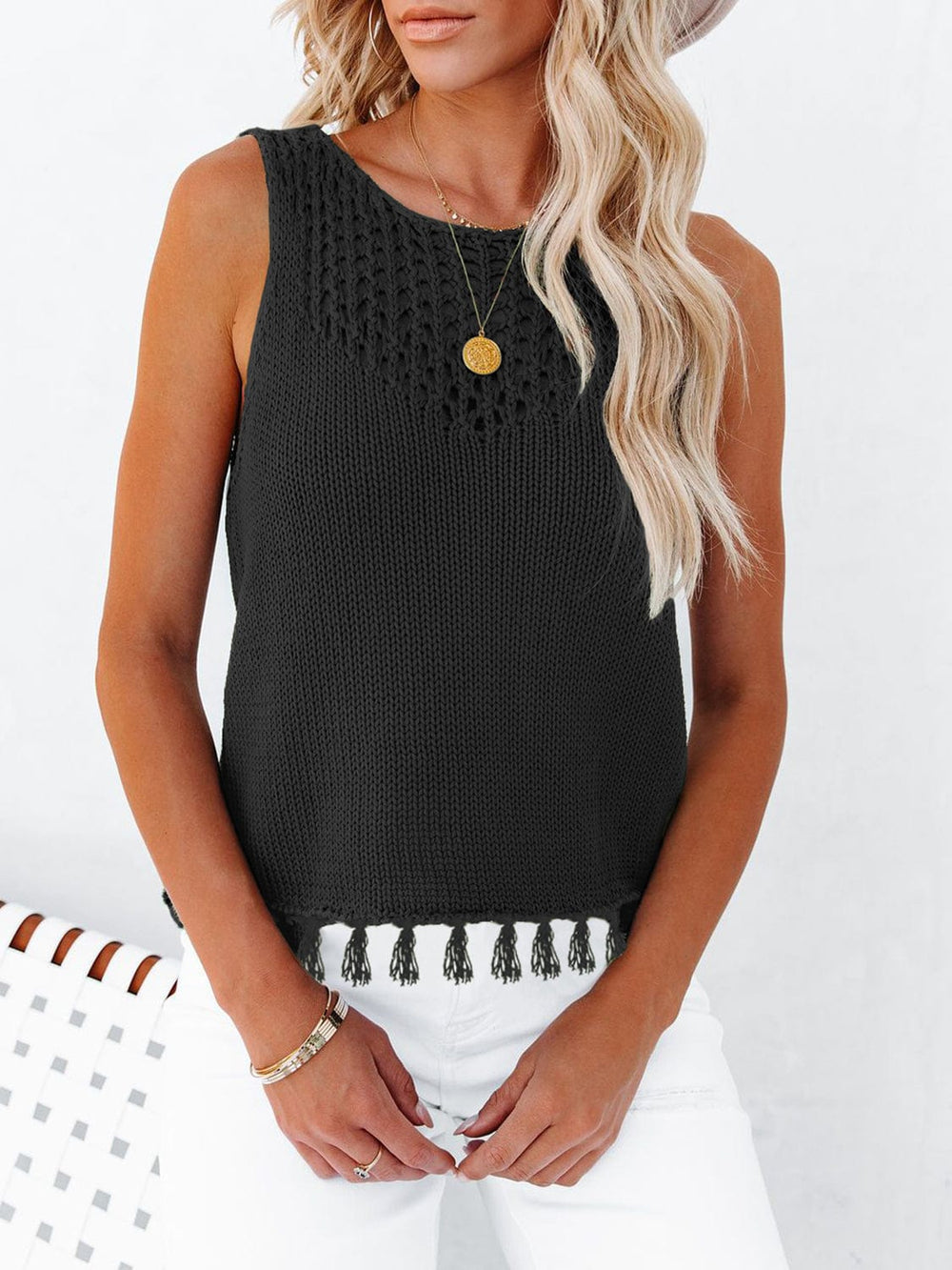 Cutout Tassel Round Neck Tank - Trendsi
