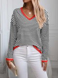Contrast Trim Striped V-Neck Long Sleeve Knit Top - Trendsi - Flyclothing LLC
