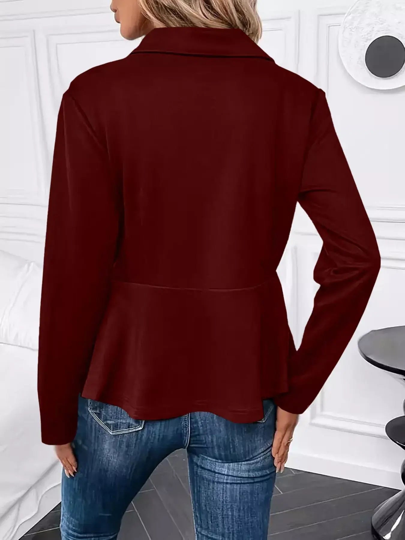 Pearl Embellished Zip-Up Peplum Outerwear - Trendsi - Flyclothing LLC
