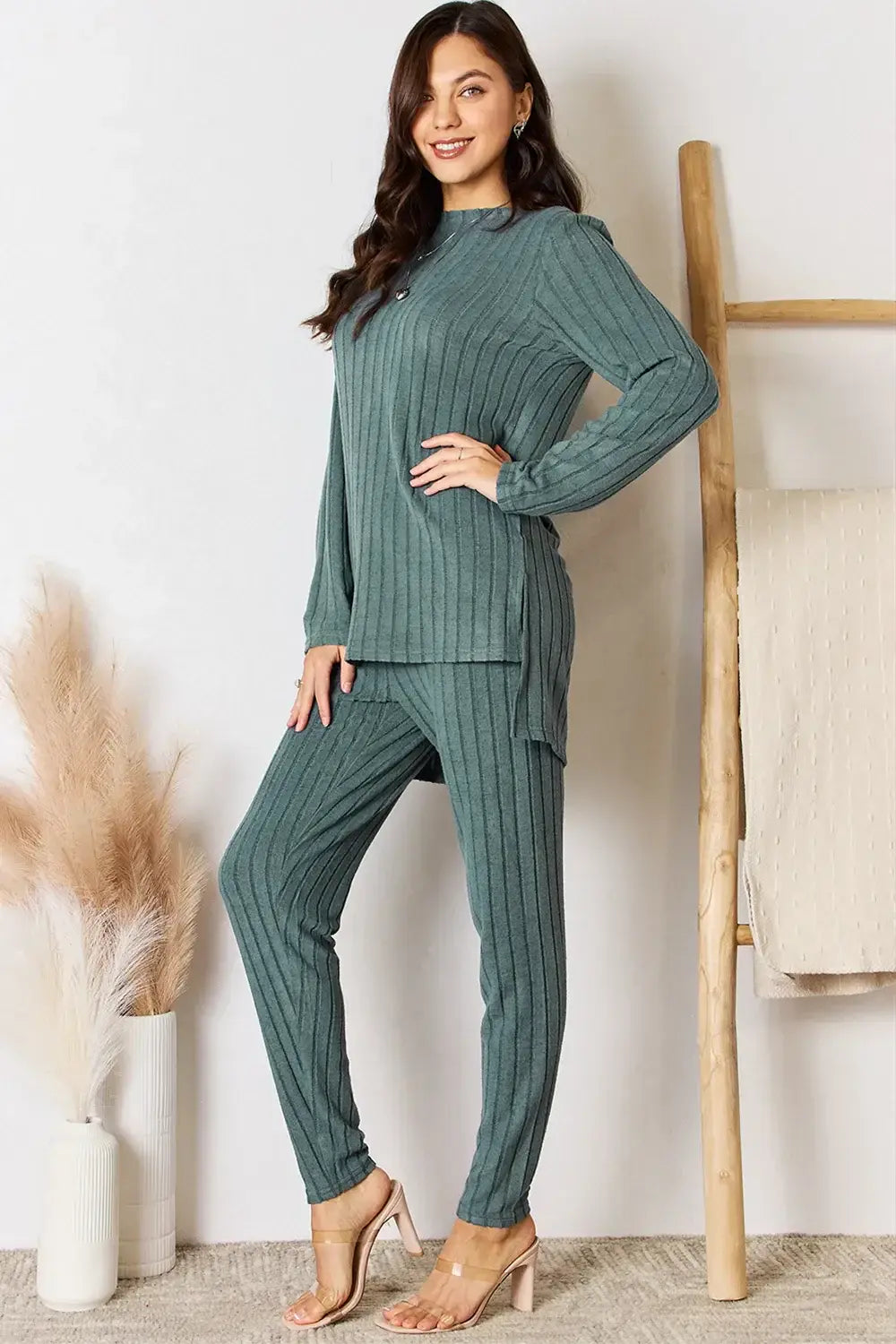Basic Bae Full Size Ribbed Round Neck High-Low Slit Top and Pants Set - ShopBasicbae - Flyclothing LLC