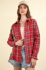 VERY J Contrast Plaid Raw Detail Shirt - Trendsi - Flyclothing LLC