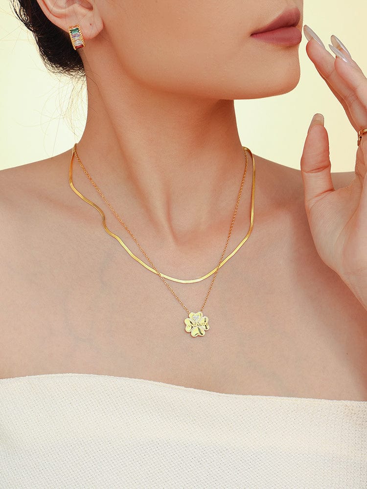 2 Piece 18K Gold-Plated Inlaid Zircon Lucky Clover Necklace - Trendsi