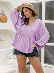 Plus Size Swiss Dot Tie Neck Long Sleeve Blouse - Trendsi