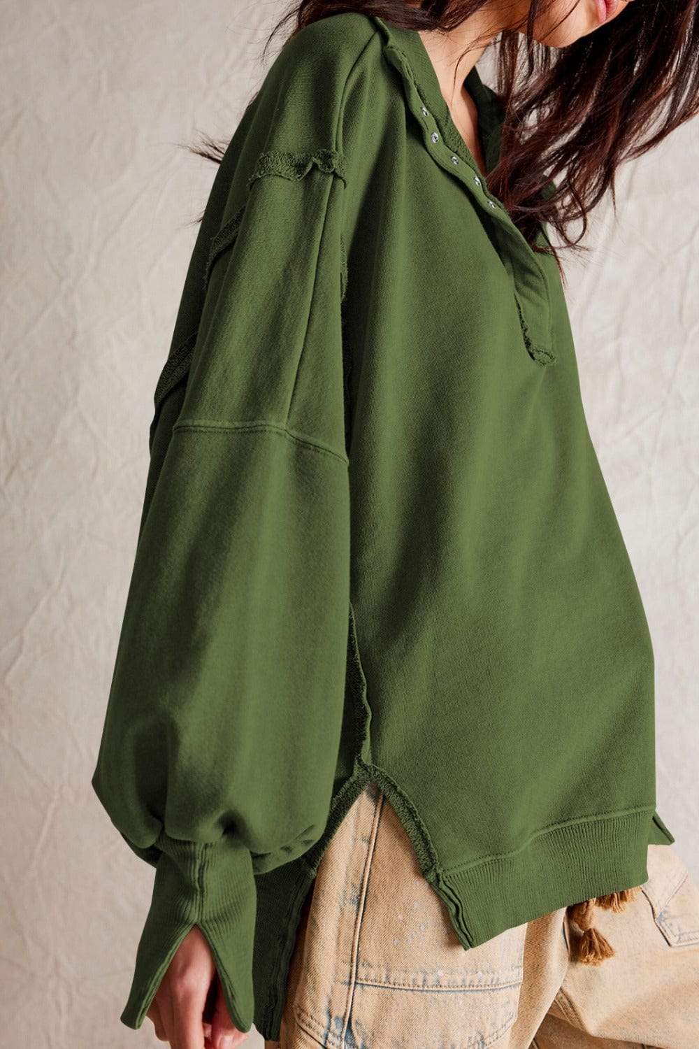 Exposed Seam Side Slit Long Sleeve Sweatshirt - Trendsi - Flyclothing LLC