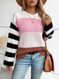 Color Block Round Neck Long Sleeve Sweater - Trendsi