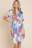 BOMBOM Ruched Color Block Short Sleeve Dress - Trendsi