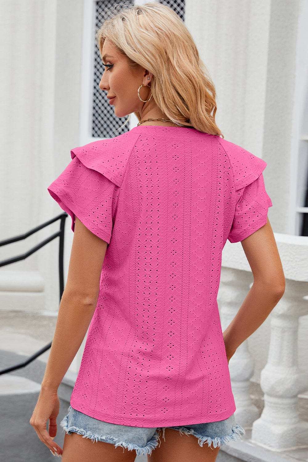Eyelet Notched Flutter Sleeve T-Shirt - Trendsi - Flyclothing LLC