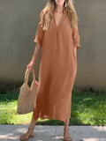 Full Size Notched Half Sleeve Midi Dress - Trendsi - Flyclothing LLC