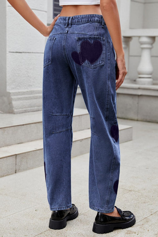 Heart Mid Rise Jeans with Pockets - Trendsi