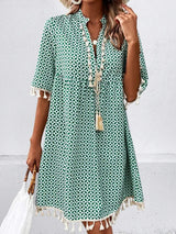 Tassel Printed Notched Half Sleeve Mini Dress - Trendsi - Flyclothing LLC
