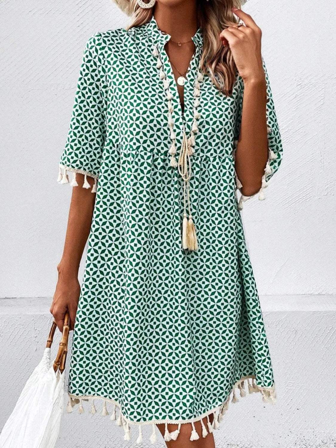 Tassel Printed Notched Half Sleeve Mini Dress - Trendsi - Flyclothing LLC