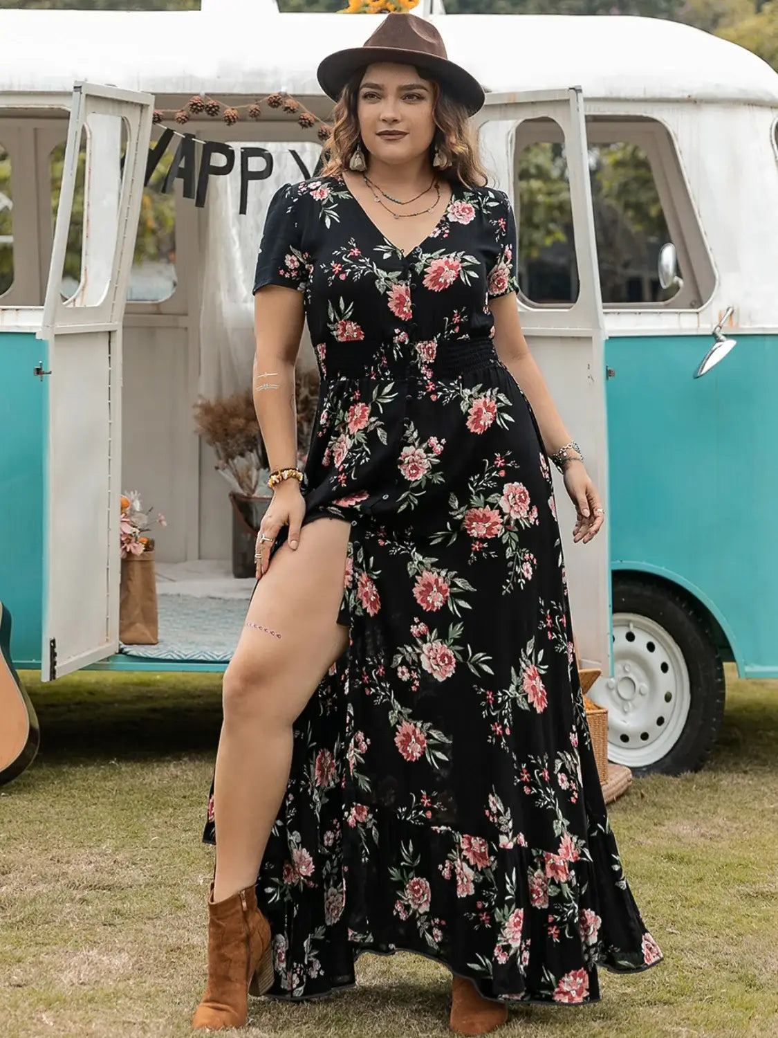 Plus Size Button Detail Printed V-Neck Short Sleeve Maxi Dress - Trendsi - Flyclothing LLC