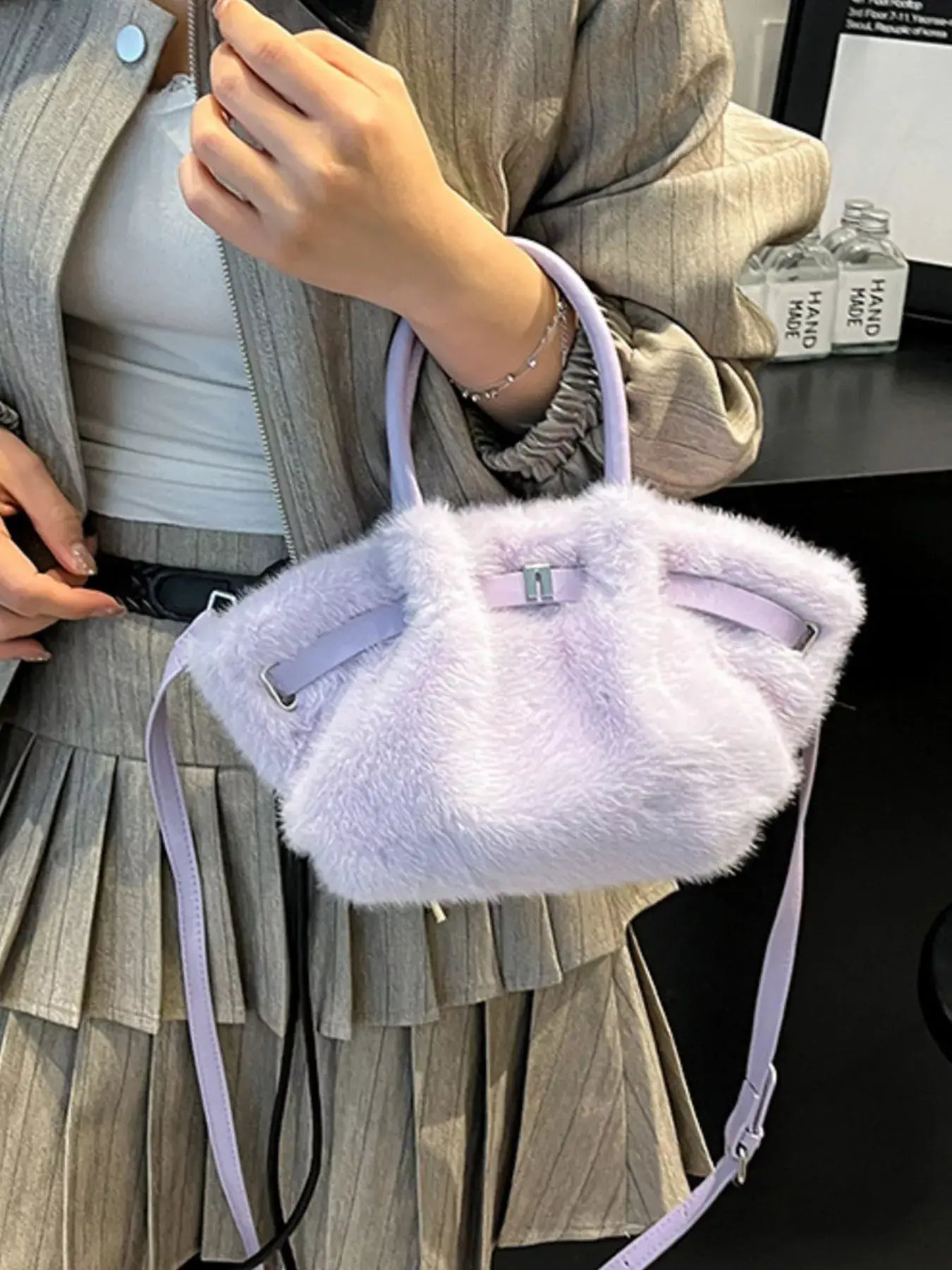 Fluffy Crossbody Bag with Buckle Detail - Trendsi - Flyclothing LLC