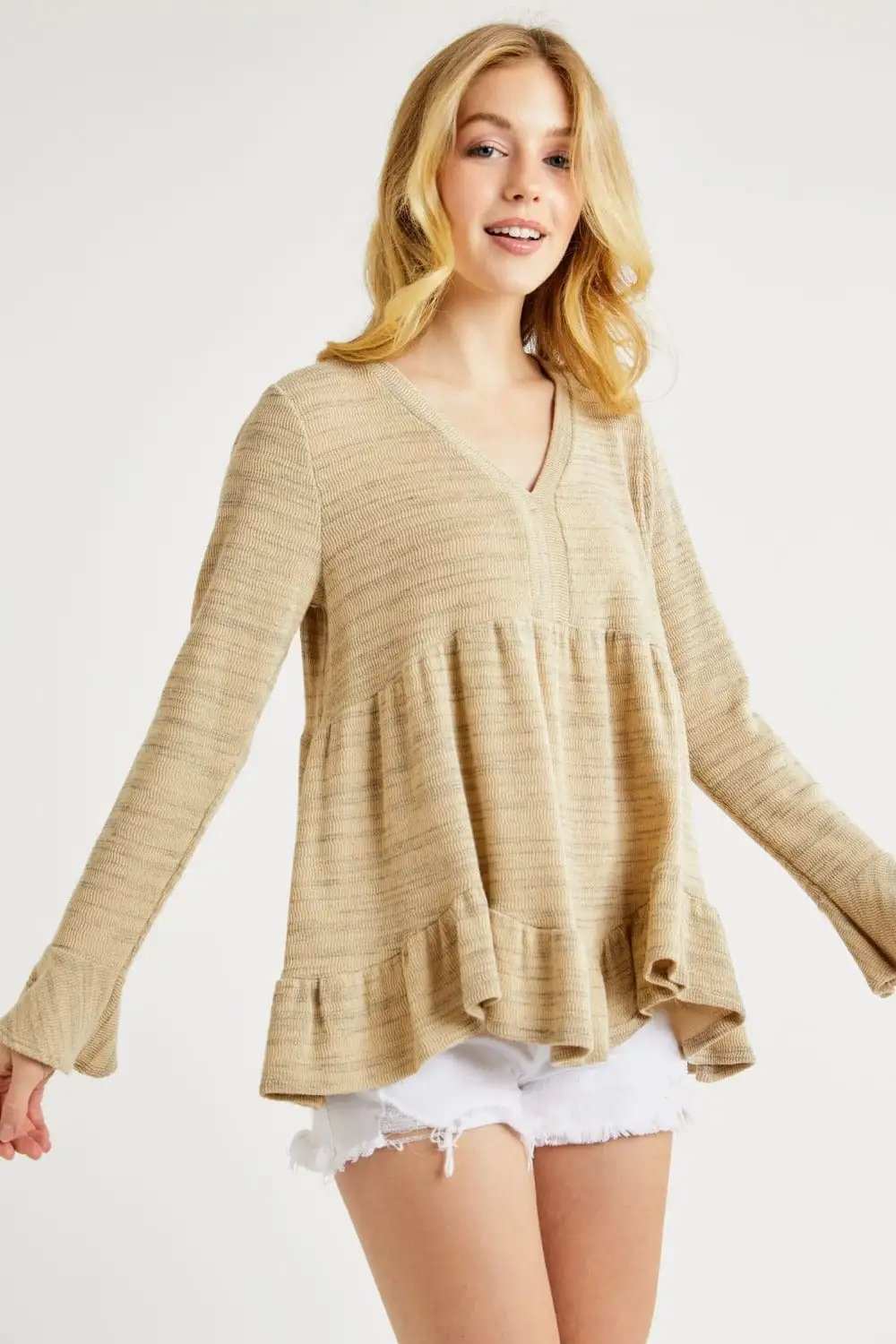 Hailey & Co V-Neck Flounce Sleeve Knit Top - Trendsi - Flyclothing LLC