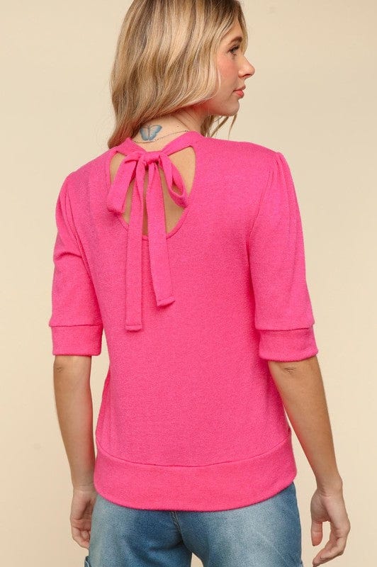 Haptics Tied Back Mock Neck Half Sleeve Knit Top - Trendsi