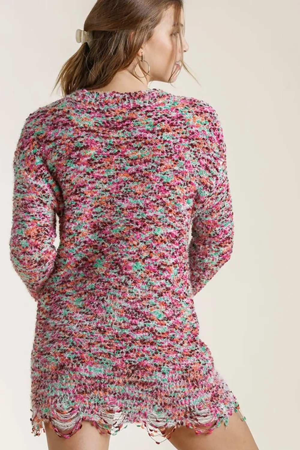 Umgee Full Size Distressed Hem Multicolored Round Neck Knit Tunic Dress Plus Size - Trendsi - Flyclothing LLC