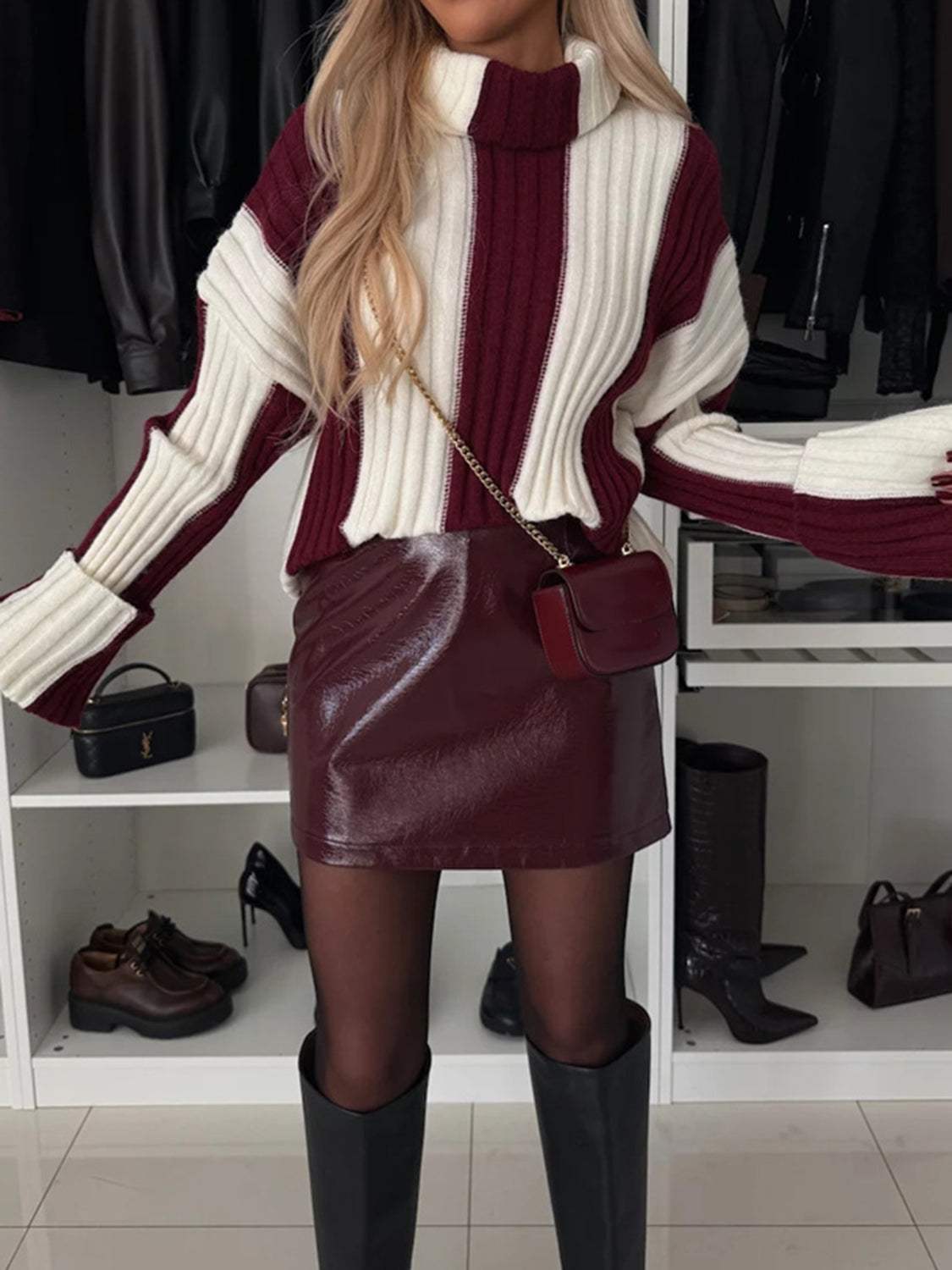 Striped Turtleneck Dropped Shoulder Sweater - Trendsi - Flyclothing LLC