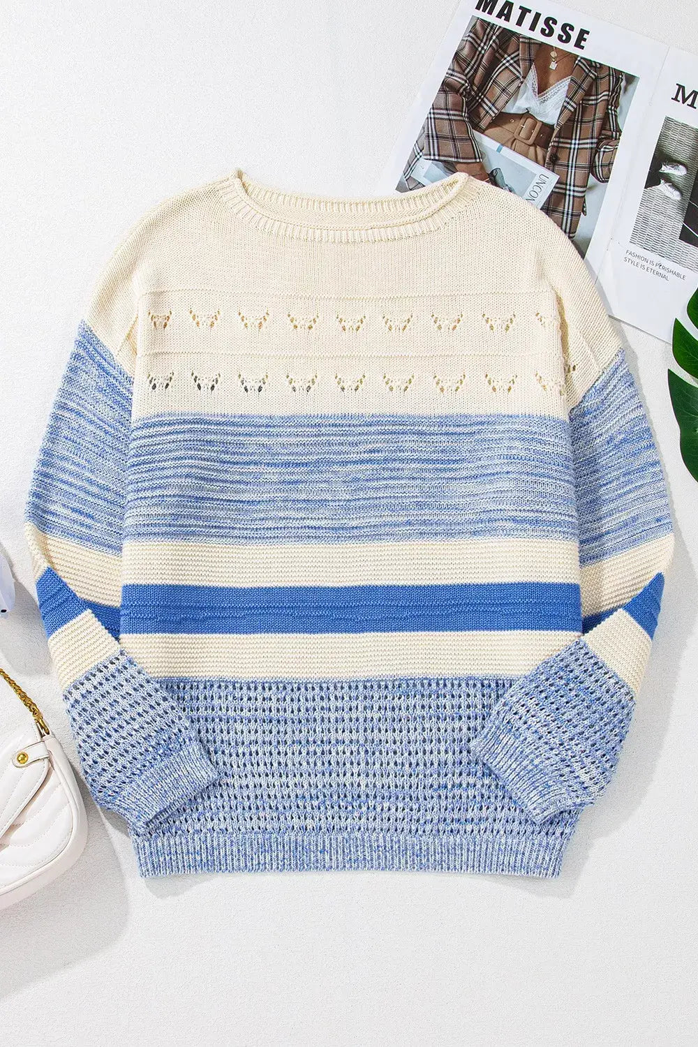 Openwork Striped Knit Long Sleeve Sweater - Trendsi - Flyclothing LLC