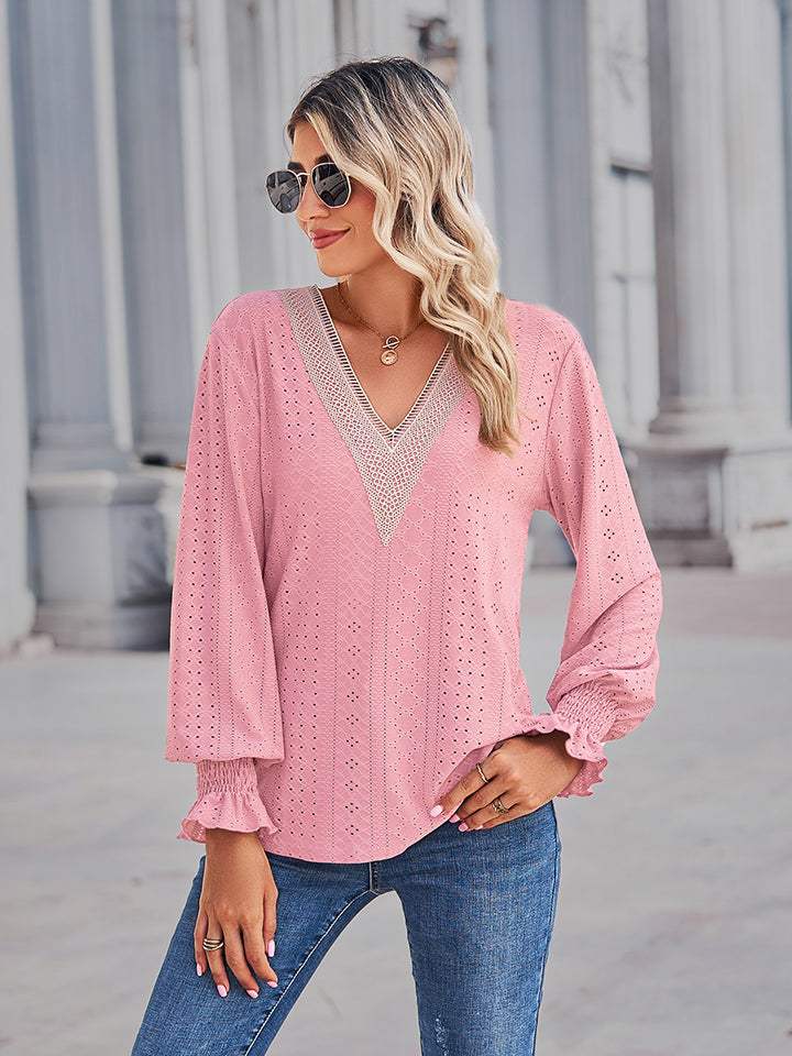 V-Neck Eyelet Flounce Sleeve Blouse - Trendsi - Flyclothing LLC