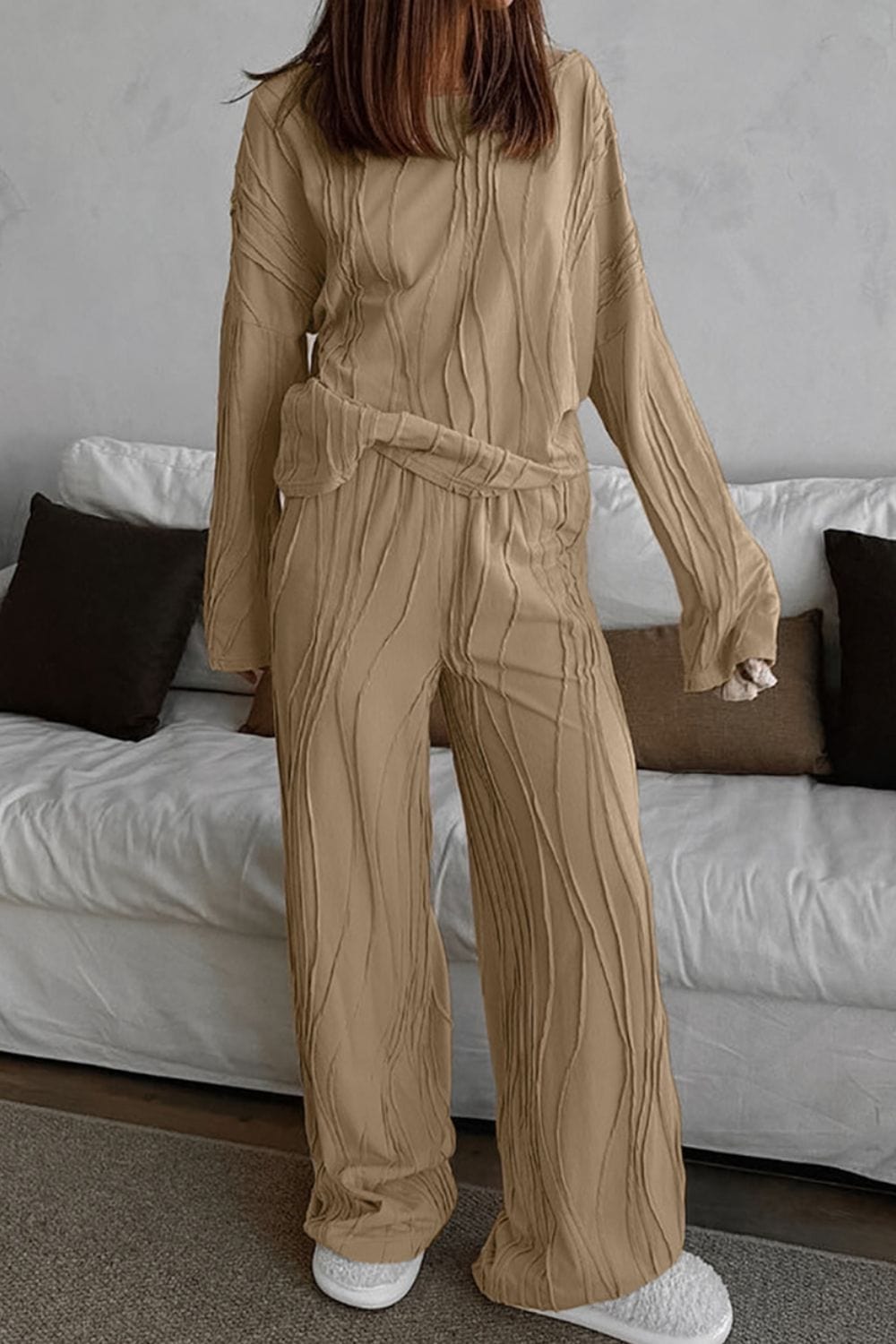 Texture Dropped Shoulder Long Sleeve Top and Pants Set - Trendsi