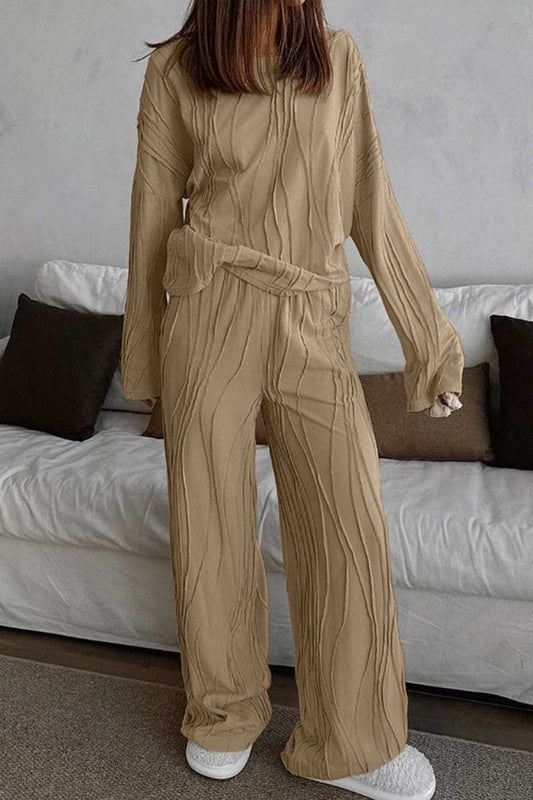 Texture Dropped Shoulder Long Sleeve Top and Pants Set - Trendsi - Flyclothing LLC