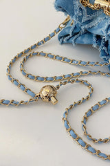 Chain Drawstring Raw Edge Denim Bucket Bag - Trendsi