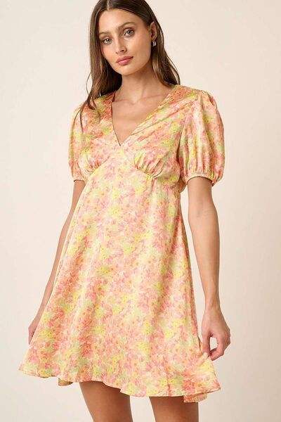 Mittoshop Printed V-Neck Puff Sleeve Mini Dress - Trendsi - Flyclothing LLC