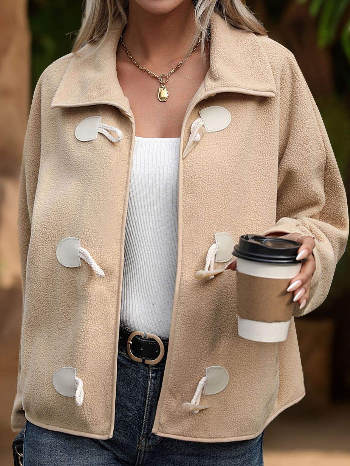 Pocketed Toggle Collared Neck Coat - Trendsi - Flyclothing LLC
