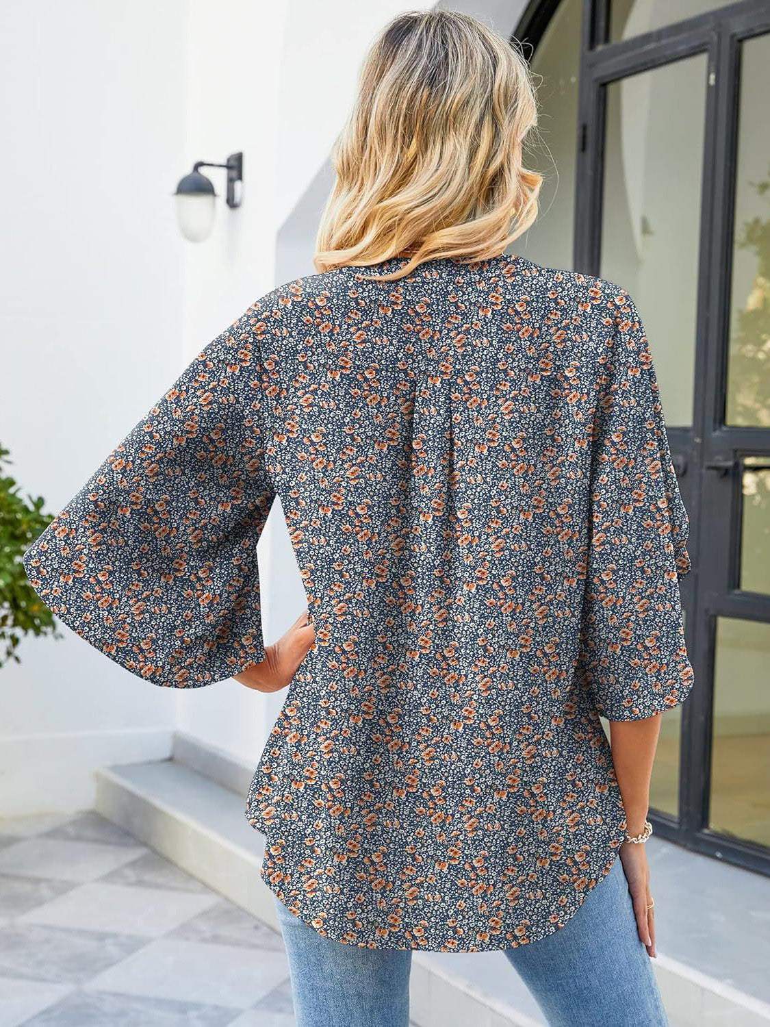 Printed Notched Half Sleeve Blouse - Trendsi - Flyclothing LLC