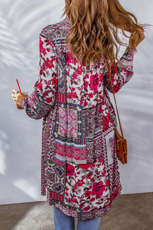 Printed Button Up Long Sleeve Cardigan - Trendsi