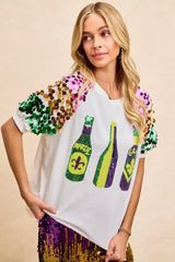 BiBi Sequin Mardi Gras Bottles Spangled Sleeve Top - Trendsi - Flyclothing LLC
