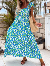 Ruffled Printed Cap Sleeve Midi Dress - Trendsi - Flyclothing LLC