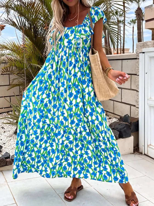 Ruffled Printed Cap Sleeve Midi Dress - Trendsi - Flyclothing LLC