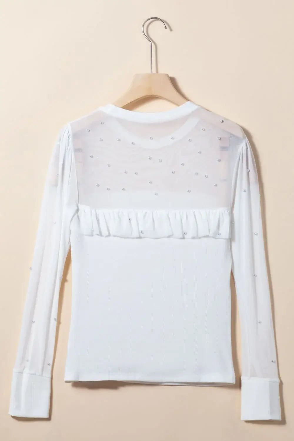 Pearl Decor Mesh Patchwork Ribbed Long Sleeve Top - Trendsi - Flyclothing LLC