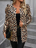 Leopard Open Front Puff Sleeve Jacket - Trendsi