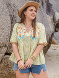 Plus Size Printed Tie Neck Half Sleeve Blouse - Trendsi - Flyclothing LLC