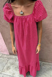 SYNZ Gingham Check Bubble Sleeve Ruffled Maxi Dress - Trendsi
