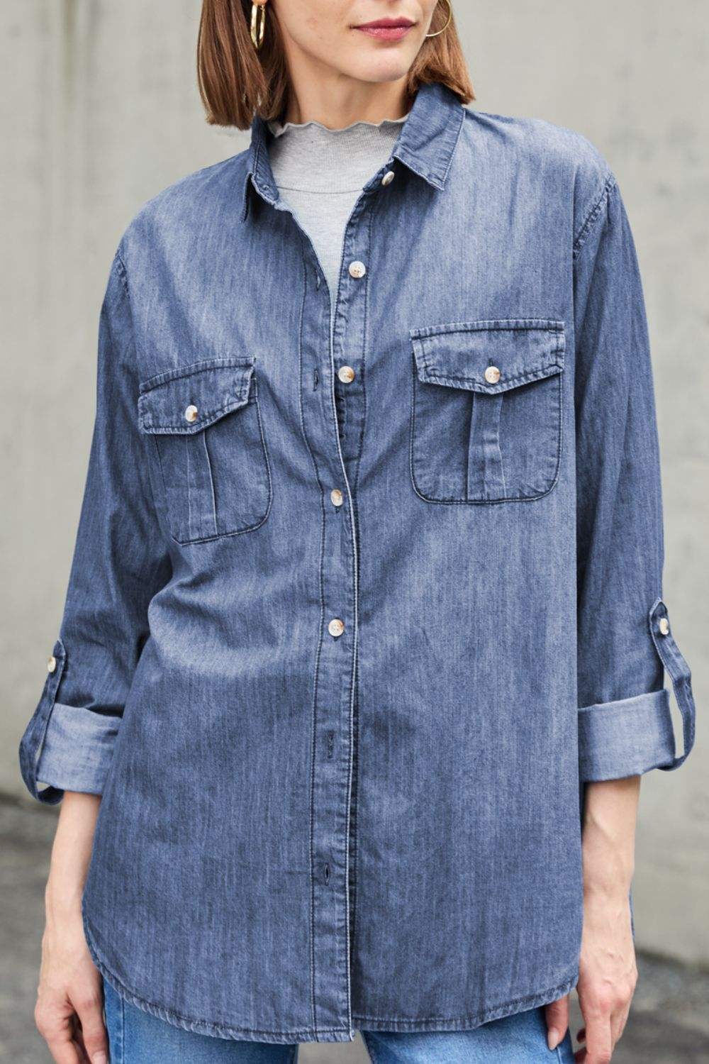 Pocketed Collared Neck Long Sleeve Denim Top - Trendsi - Flyclothing LLC