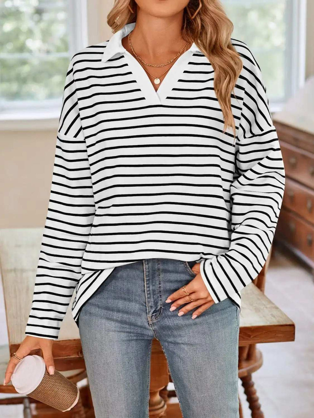 Striped Johnny Collar Long Sleeve T-Shirt - Trendsi - Flyclothing LLC